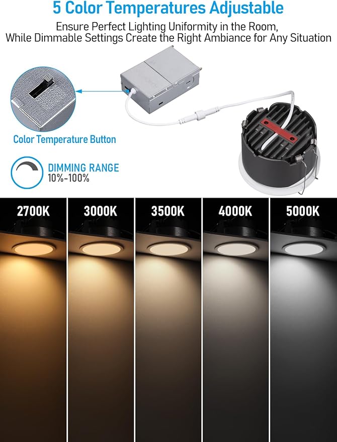 TORCHSTAR 4 Inch 5CCT LED Anti Glare LED Recessed Lights with J-Box, Narrow Trim Recessed Ceiling Light, Deep Trim Canless Downlight, Dimmable, CRI 90, 2700-5000K Selectable, ETL T24 FCC, Pack of 4