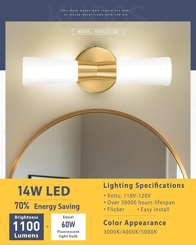 kudos Wall Sconces 16inches Gold Vanity Light Fixtures, Modern Sconces Wall Lighting with Milk White Glass, Dimmerable 3000K/4000K/5000K for Bathroom Bedroom, KDVL13-GD