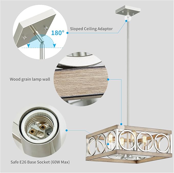 XINGQI Modern Chandelier Square 4-Light, Farmhouse Pendant Lighting Fixture for Dining Room Living Room Bedroom Kitchen Island,Antique Wood Grain+Brushed Nickel Metal Ceiling Lamp