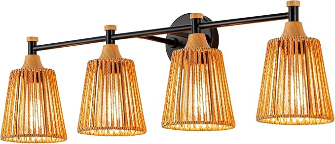 Bathroom Light Fixtures Vanity Lights Over Mirror, Rustic Farmhouse Rattan Wall Sconce with Boho Hand Woven Wall Lamp Natural Style Wall Mounted Light (30in - 5 Light)