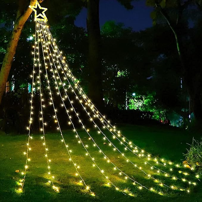 Waterfall Christmas String Lights with 317 LED Star Hanging Twinkle Fairy Curtain Lights for Party Wedding Patio Indoor Outdoor Decorative Water Flow Lights