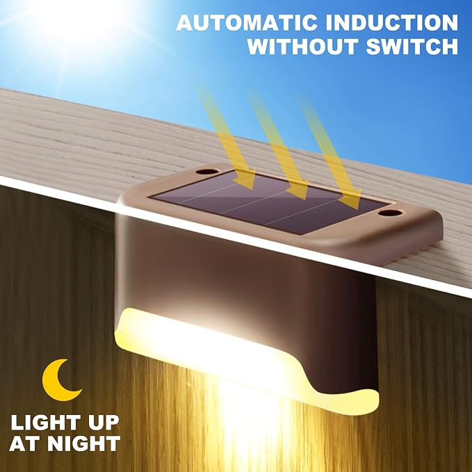 DenicMic 16 Pack Solar Deck Lights Outdoor Waterproof 4000K Warm White LED | Step Fence Patio Yard Stair Railling Pool Side Balcony Front Porch Outside Deck Lighting Decorative 5 Lumen ABS Brown Shell