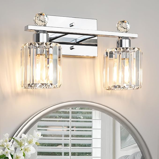 2-Light Silvery Bathroom Light Fixtures,Modern Bathroom Vanity Lights Fixture with Clear Crystal Glass Shade,Brushed Silvery Bath Wall Mount Lights, Light Fixtures for Bedroom Living Room