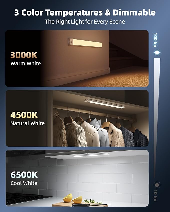 3Pack-Under Cabinet Lighting Wireless, Rechargeable Battery Motion Sensor Light Indoor, LED Closet Lights USB Charging, 3 Color Dimmable Under Cabinet Lights for Kitchen, Cabinet, Wardrobe (14inch)