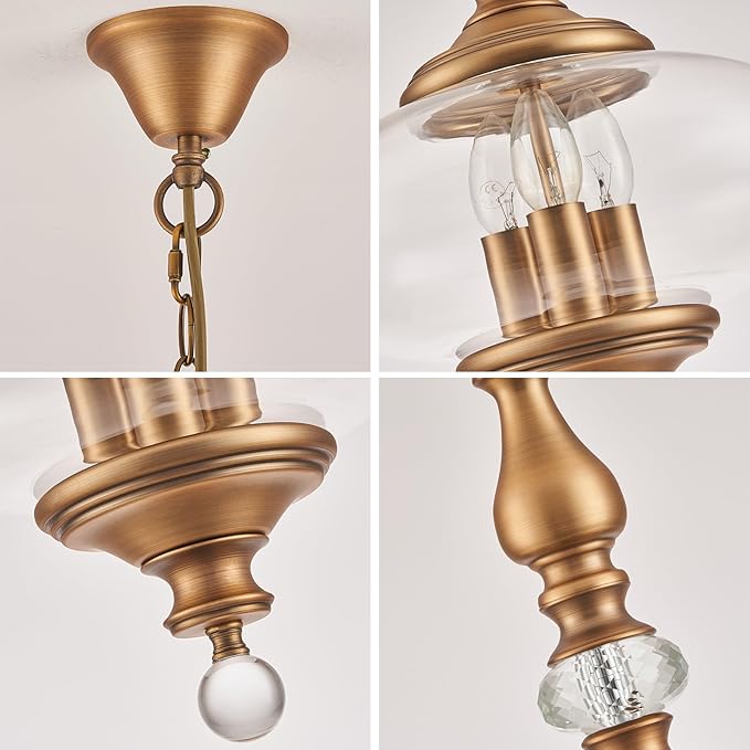 Vintage Kitchen Island Pendant Light Antique Brushed Brass Glass Pendant Light W 11.8 in. H 23.6 in. Chandelier for Living Room Dining Room Bedroom