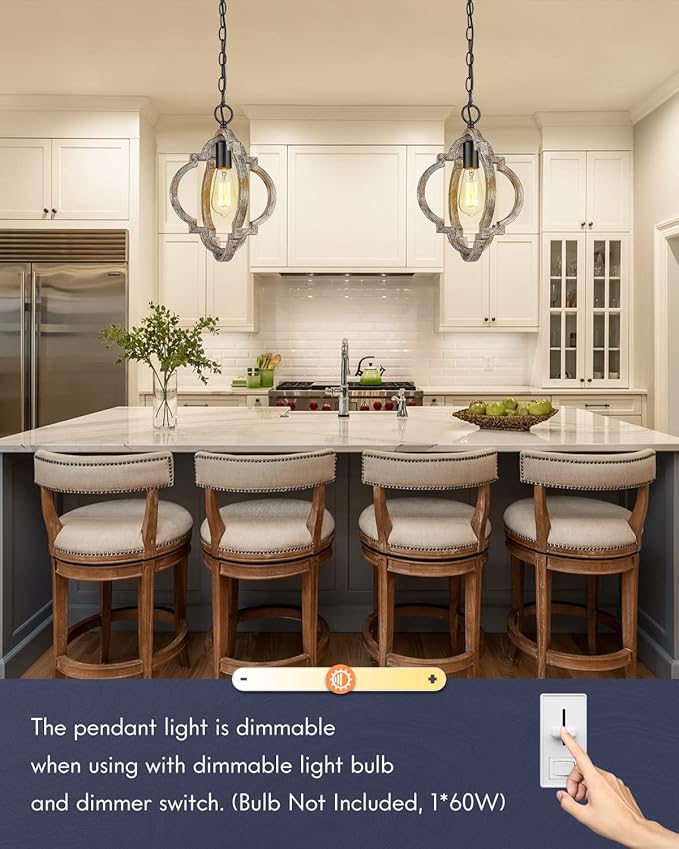 Farmhouse Pendant Lights, 2Pack Wood Dining Room Lighting Fixtures, Adjustable Height Hanging Pendant Lights for Foyer, Kitchen Island, Entryway
