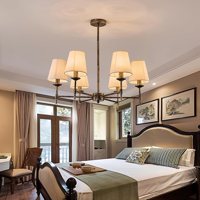 Fabric Chandelier with Shades 6 Light Ceiling Light Fixture with Linen Bronze Farmhouse Pendant Lights for Bedroom Kitchen Dining Room Living Room Foyer