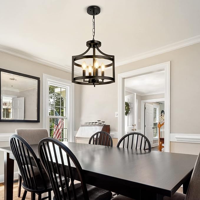 4-Light Farmhouse Chandelier, Modern Hanging Pendant Lighting, Convertible Semi Flush Mount Ceiling Light Fixture Rustic Vintage Black Chandeliers for Dining Room Kitchen Foyer Entryway