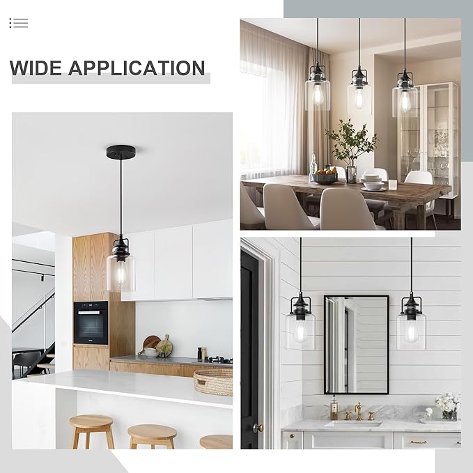 hansang 3 Pack Pendant Lights for Kitchen Island, Modern Black Hanging Light Fixture, 47Inches Island Lights, Adjustable Rope, Farmhouse Clear Glass, E26 Base, Bulbs Not Included