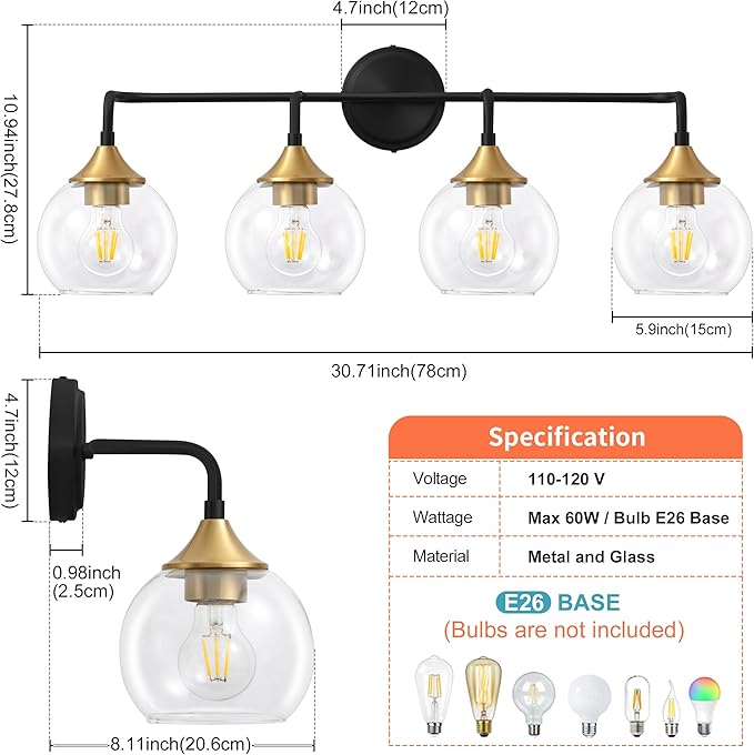 Bathroom Vanity Light with Clear Glass Shade, E26 Base, 31 Inch Vanity Lighting Fixtures Over Mirror, Vanity Lights for Bathroom (Exclude E26 Bulb) - Black and Gold, 4-Lights