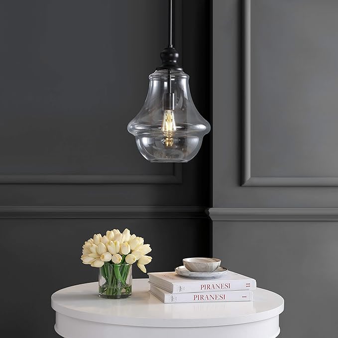 JONATHAN Y 12" Oil Rubbed Bronze 1-Light Iron and Glass Pendant Light, Adjustable Height Schoolhouse for Kitchen Island Foyer, Farmhouse Rustic Style, LED Bulb Included JYL9046B