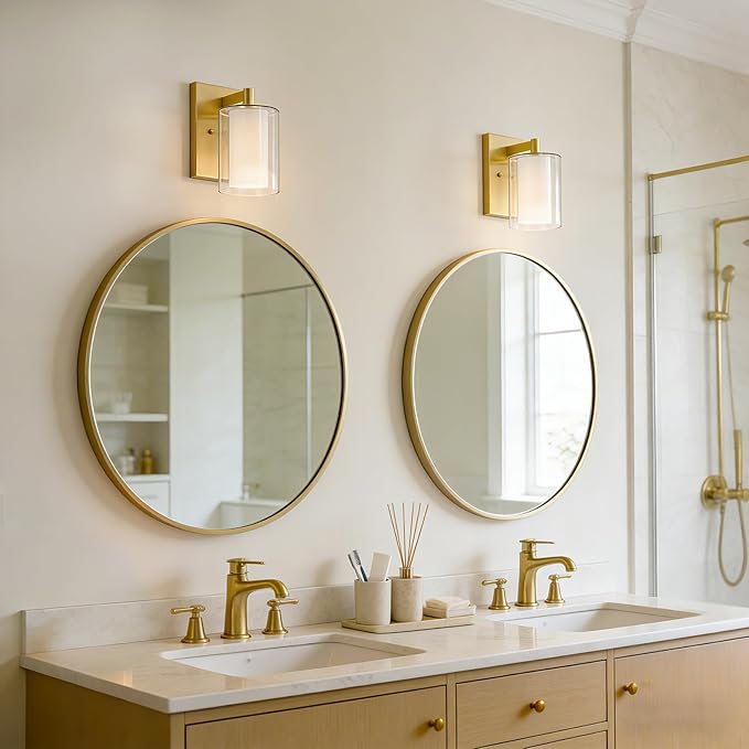 Kalium Wall Sconces Set of Two for Bathroom Bedroom Living Room Hallway Indoor Stairwell & Mirror, Farmhouse Modern Vanity Light Fixtures with Double Glass Shade & Gold Rustproof Metal Base, E26
