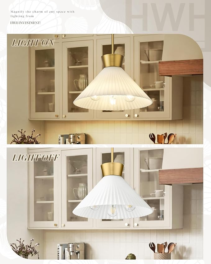 Modern Pendant Light White and Gold, HWH Large Kitchen Island Light Fixtures 16 Inch, 3-Light Hanging Lighting for Dinning Room Schoolhouse, Frosted Striped Glass Shade, 5HZG98MIL-M BG
