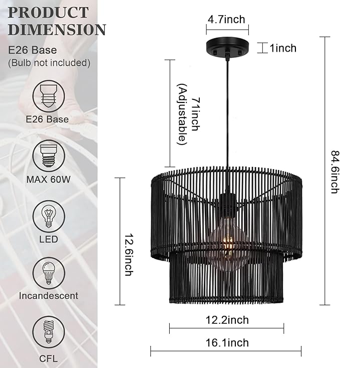 Woven Rattan Pendant Lamp, 16 Inch Large Natural Simple Hand Weaved Coastal Beach Black Rope Hanging Pendant Light Fixture for Dining Room Living Room Bedroom Kitchen Foyer