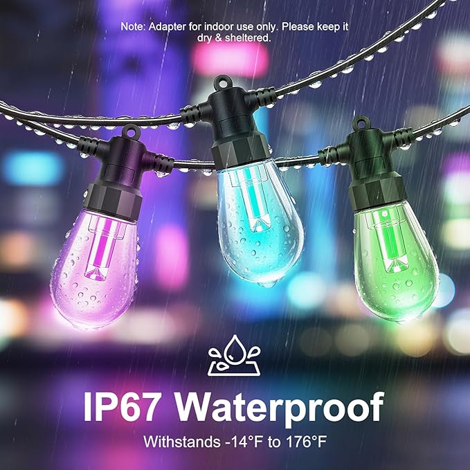 Outdoor String Lights 121ft, Patio Lights with 20 Dimmable LED Bulbs, RGBW & Warm White, IP67 Waterproof, Shatterproof, APP & Remote Control, Color Change, Customizable Colors for Backyard Decor