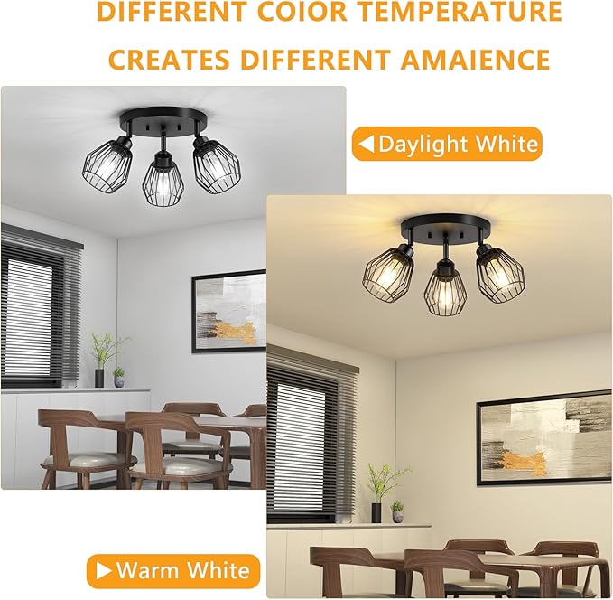 3-Light Kitchen Light Fixtures Ceiling Mount, Adjustable Multi-Directional Farmhouse Black Metal Cage Flush Mount Ceiling Light Fixtures for Hallway Dining Room Entryway