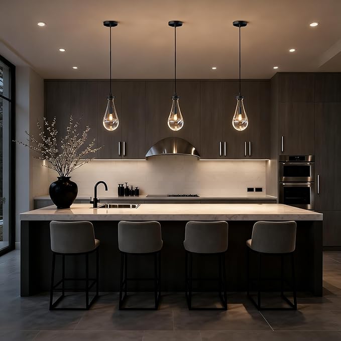 Raindrop Pendant Lights Kitchen Island Set of 3, Black Rain Pendant Island Light DimmableTeardrop Pendant Lights Dining Room Height Adjustable Glass Waterdrop Pendant Light, E12 Bulb Included