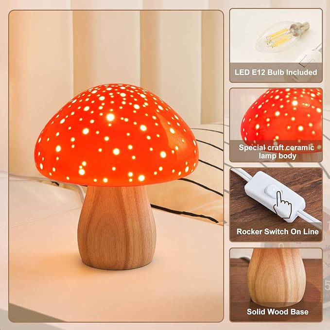 BOHON Mushroom Lamp, Ceramic Bedside Table Lamp for Bedroom Nightstand, Retro Vintage Red Night Light, Small Lamp for Living Room Desk Home Decor Aesthetic, LED Bulb Included, Red