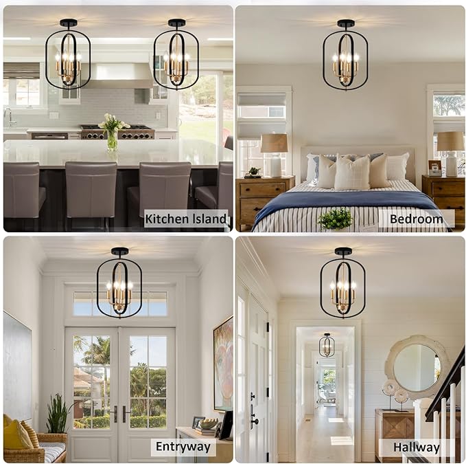 Black Gold Semi Flush Mount Ceiling Light Fixture, Modern Close to Ceiling Light Fixtures Ceiling Mount, Dimmable Foyer Kitchen Lighting Fixtures Ceiling Lights for Bedroom, Hallway, Entryway