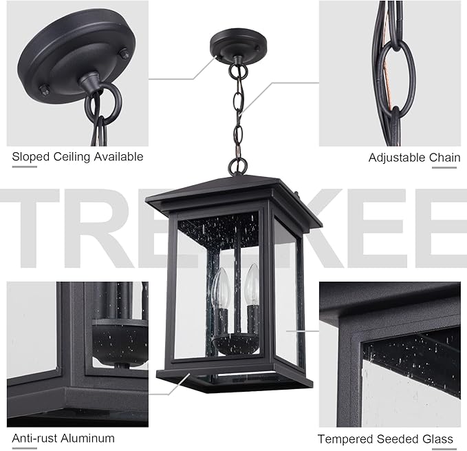 Treekee Large Outdoor Pendant Light, Modern Adjustable Hanging Lantern, Black Outside Porch Chandelier Light with Seeded Glass, Exterior Pendant Lighting for Patio, Porch, Yard