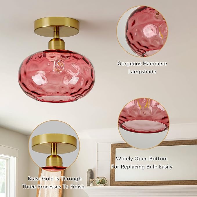 Red Glass Semi Flush Mount Ceiling Light - 7.9 Inch Hammered Art Deco Glass Small Hallway Light fixtures, Vintage Gold Flush Mount Ceiling Light for entryway Foyer Laundry Room Kitchen