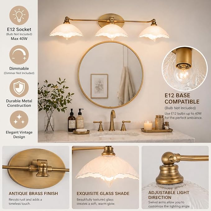 Bathroom Light fixtures Brass Vanity Light -3 Light Bathroom Vanity Light E12 Bulb Holder, 33.85 Inch Large White Light, Retro Luxury Bathroom Mirror Lighting