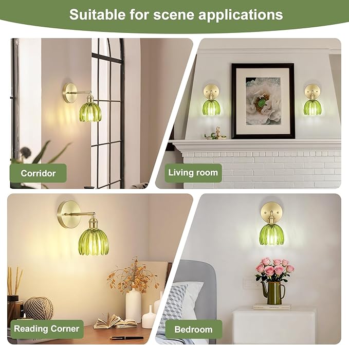 Hardwired Wall Sconces Set of Two, Vintage Wall Lights with Green Tulip Glass Lampshade, Gold Wall Lamps for Bedroom Bedside Stairway Bathroom Living Room (Bulbs Not Included, Not Battery Powered)