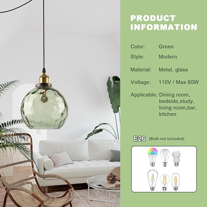 Green Plug in Glass Pendant Light Mid Century Modern Pendant Light Chandelier Ceiling Light Fixtures with Globe Shade, Plug in Hanging Light for Bedroom Living Room Dining Room