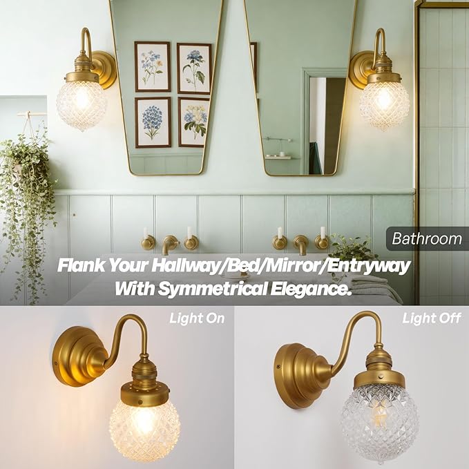 Vintage Gold Wall Sconces Brass Bathroom Sconces with Round Pineapple Pattern Clear Glass Shade Hardwire Mid Century Wall Mounted Lamp for Bathroom Living Room Bedroom Kitchen Indoor