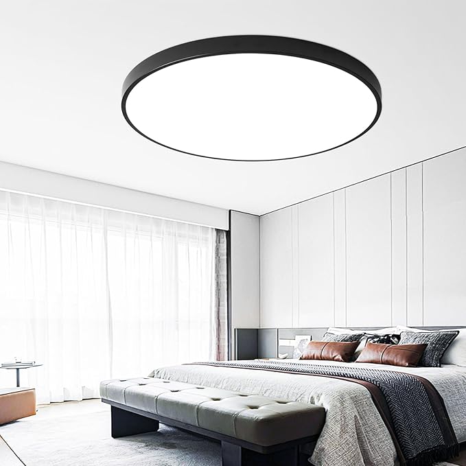 24 Inch Flush Mount Ceiling Light Fixture, Dimmable with Remote, 3000K-6500K Adjustable Color, 48W 4800Lm Ultra Thin Modern Round LED Ceiling Light, Black for Bedroom, Kitchen, Living Room