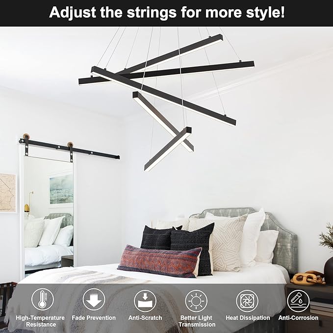 Black Led Modern Pendant Light, 5 Linear Lights led Chandelier Dimmable Hanging Pendant Lighting for Living Dinning Room Staircase Entry Foyer Restaurant
