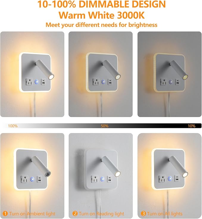 LED Wall Lamp Dimming Wall Mounted Reading Lights, Adjustable Headboard Plug in Wall Sconce with USB+USB C Ports, Headboard Bedside Lamp with 6W+3W Night Light 3000K (White)