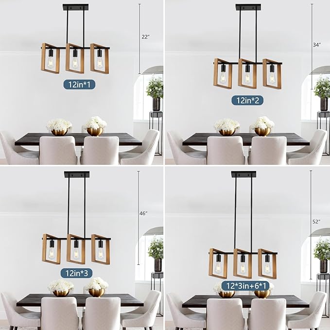9MMML 3 Lights Kitchen Island Lighting, Black 3 Lights Dining Room Chandelier,Wood Frame Pendant Light for Living Room Foyer Entryway Hallway,E26