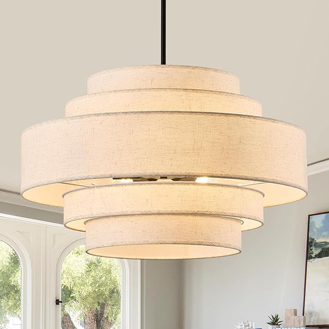 Black Modern Chandelier 26'' Drum Chandeliers with 5-Layer Fabric Shade 6-Light Linen Pendant Light Fixture for Dining Room Bedroom Kitchen Hallway Foyer