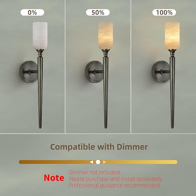 22in Alabaster Wall Sconce, Black Sconces with Spanish Marble, Modern Brass Wall Mounted Lamp, Hardwired LED Wall Lighting for Bathroom Bedroom Living Room Staircase Hallway Dining Room