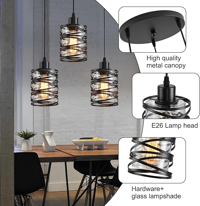 3 Light Pendant Lights Kitchen Island Black Pendant Light Fixtures Spiral Iron Kitchen Island Lighting with Clear Glass Shade Adjustable Hanging Light Fixtures
