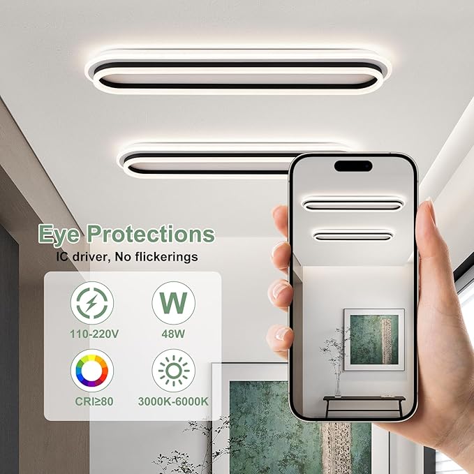Modern Linear Ceiling Light, 31.5Inch Dimmable LED Flush Mount Ceiling Lamp with Remote Control, Long Kitchen Ceiling Light Fixture for Living Room Dining Room Bedroom Hallway (Black)