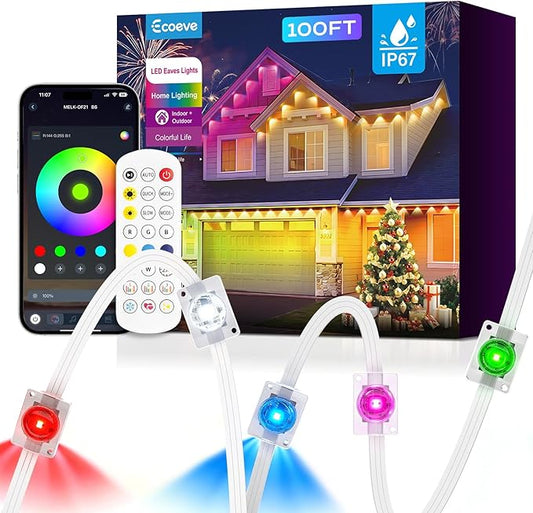 Permanent Outdoor Lights for House,100ft RGB+IC Lights with 16 Million Colors & 50 Scene Modes, App/Remote Control, IP67 Waterproof, DIY Music Sync, for Christmas, Holiday & Party Decor