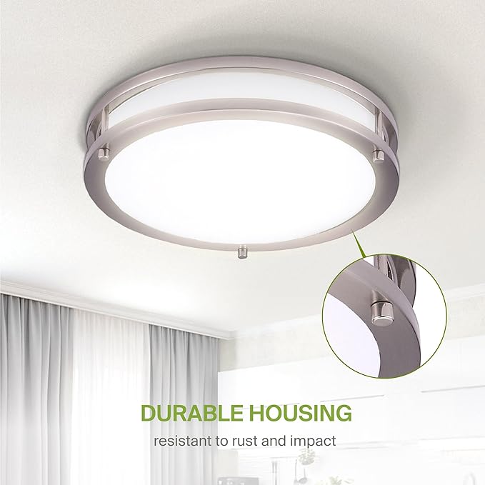 ASD LED 10" Round Flush Mount Lighting, Close to Ceiling Light Fixture | 3CCT, Dimmable, Energy Star, ETL Listed | 16W 1041LM 3000K-5000K 120V | Low Profile Double Ring Lamp | Nickel