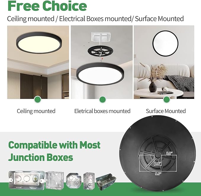20 Inch Large LED Flush Mount Ceiling Light, 40W, 4350LM, 3000K/4000K/6000K CCT Selectable, Black Round Flat Panel Light, Fits for Hallway, Kitchen, Bedroom, Laundry Room