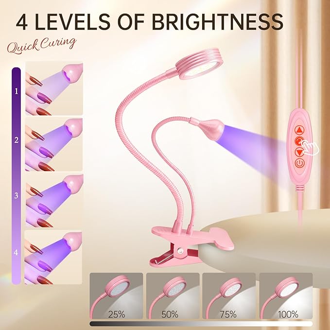 AORAEM LED Nail Lamp Double-Headed UV LED Light Quicky-Dry Duck Neck UV Lamp Dryer Curing Light with Portable Gooseneck and Clamp Flash Cure U V Light for Gel Nails Professional Home DIY Salon Pink