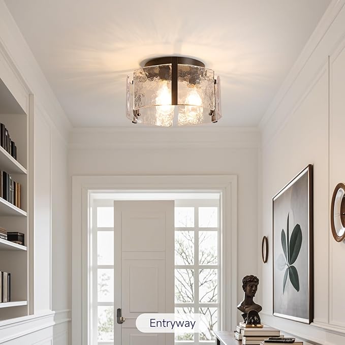 Black Semi Flush Mount Ceiling Light,3 Bulb Drum Glass Ceiling Light Fixture Mid Century Modern Bedroom Lighting Vintage Lighting for Kitchen Living,Dining Room Hallway Foyer Entryway Bathroom Laundry