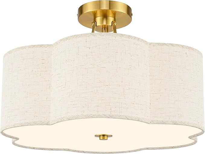 AUTELO 3-Light Modern Ceiling Light, 17.7 Inch Brushed Gold Semi-Flush Mount Ceiling Light with Flower-Shaped White Fabric, Vintage Ceiling Light for Kitchen Island Hallway, C2507 BGL-6