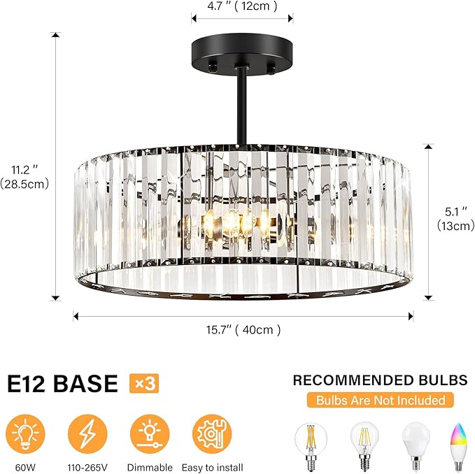 Black Crystal Ceiling Light Fixture, Modern Semi Flush Chandelier, Round Hanging Lighting Chandeliers for Dining Room, Kitchen, Bedroom, 3-Light, 15.74 Inch
