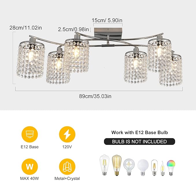 Garwarm 35" Semi Flush Mount Ceiling Light, 6 Lights Modern Crystal Chandeliers, Dining Room Light Fixture Kitchen Lighting Fixtures Ceiling for Living Room Bedroom Chrome