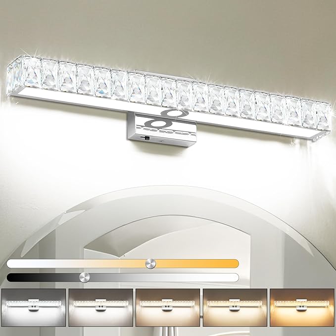 SOLFART Crystal Bathroom Lighting Fixtures Over Mirror, 24 Inch Chrome LED Vanity Light, 5 Color Adjustable 5CCT