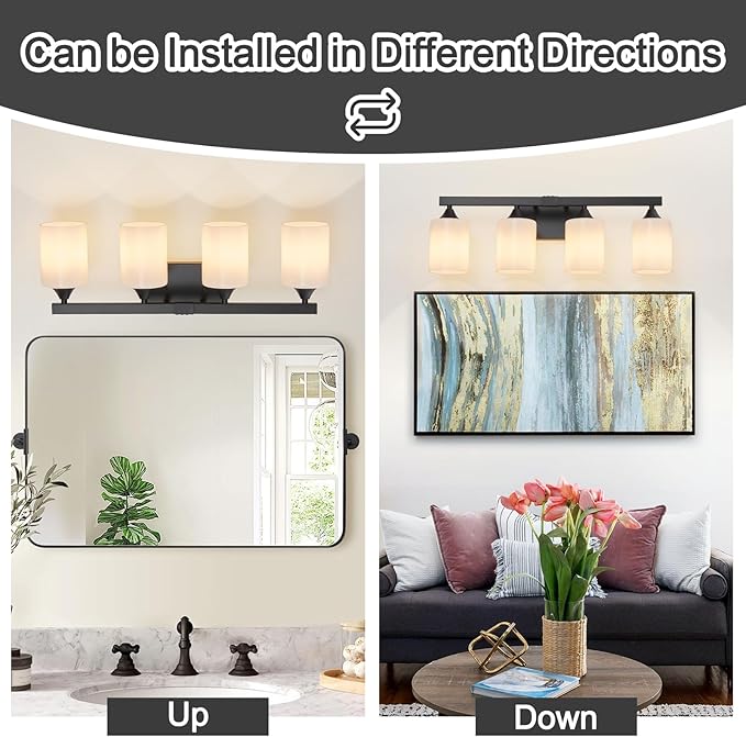 ZHU YAN Bathroom Lights Fixtures Over Mirror,4-Light Vanity Light Fixtures,White Frosted Glass Shades,22 Inches Modern Matte Black Wall Sconces for Bathroom,Bedroom,E26 Base