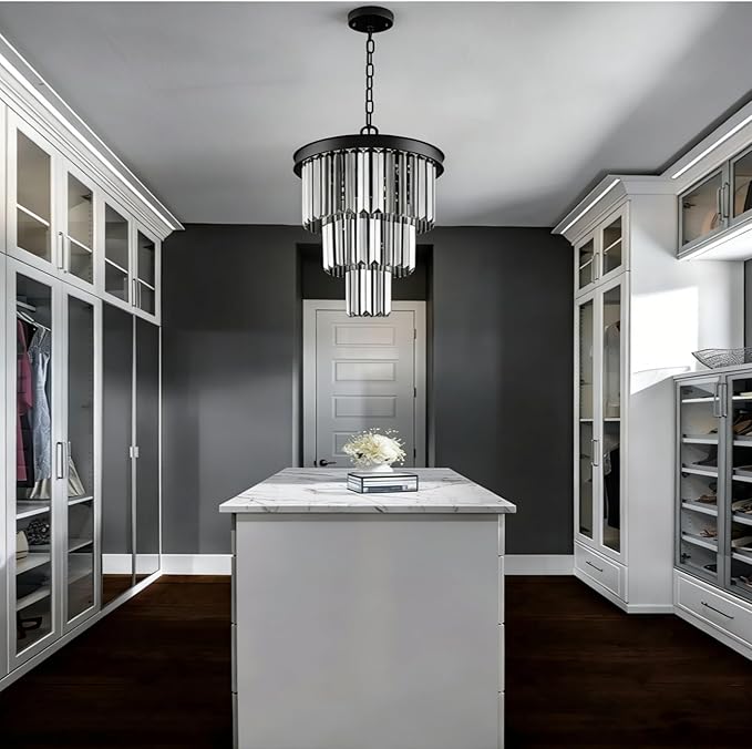 CATINER 3 Tier Black Crystal Pendant Light, Mini Smoke Gray K9 Crystal Chandelier with Adjustable Chain, Modern Small Ceiling Pendant Lighting for Kitchen Island Dining Room Hallway Bedroom Closet