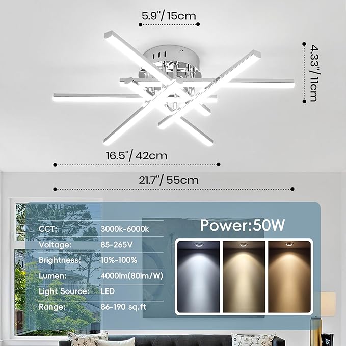 CANEOE Modern Led Ceiling Light,50W Sputnik LED Dimmable Ceiling Light Fixture with Remote Control, Chrome Flush Mount Chandelier Ceiling Lighting for Bedroom Living Room Kitchen Office Ceiling Lamp