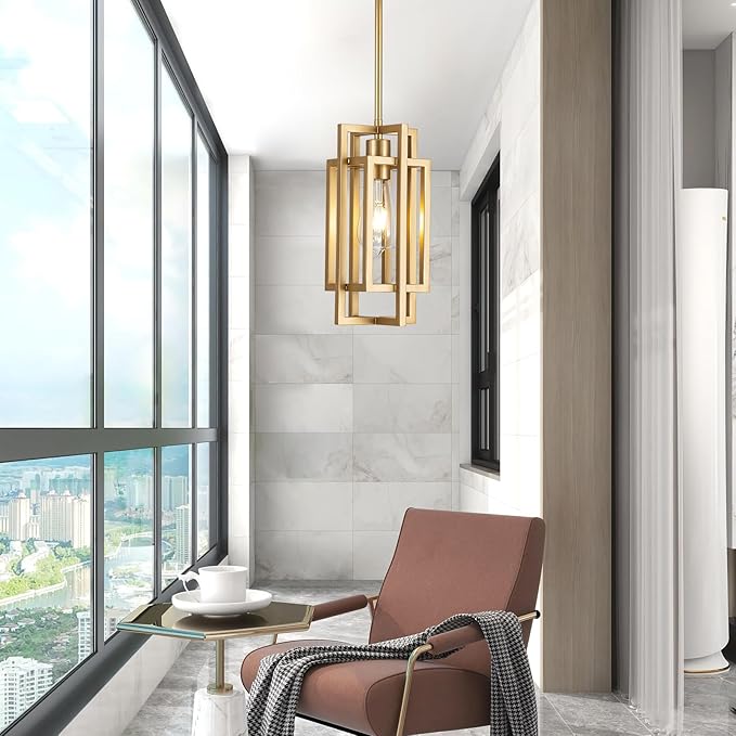 Farmhouse Pendant Light Fixtures, Gold Modern Pendant Lights 59'' Adjustable Small Square Pendant Ceiling Hanging Light for Kitchen Island Dining Room Entryway